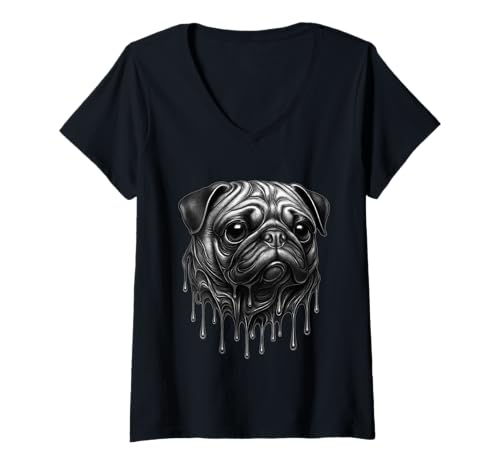 Damen Tattoo-Kunstwerk „Melting Pug Dripping“, Wilde Tiergrafik T-Shirt mit V-Ausschnitt von Melting Animals Urban Streetwear Clothing