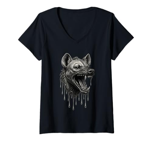 Damen Tiergrafik „Schmelzende Hyäne Dripping Fierce Hyaena“ T-Shirt mit V-Ausschnitt von Melting Animals Urban Streetwear Clothing