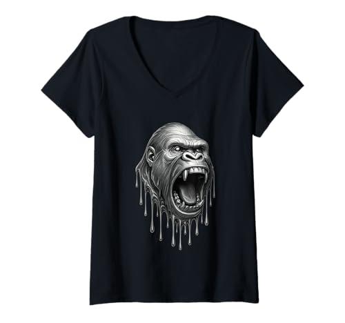 Damen Tropfende Tattoo-Kunst mit schmelzendem Gorilla, Wilder Tiergrafik T-Shirt mit V-Ausschnitt von Melting Animals Urban Streetwear Clothing