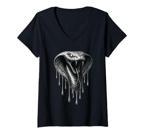 Damen Tropfendes Tattoo-Kunstwerk „Melting Cobra“, Wilde Tiergrafik T-Shirt mit V-Ausschnitt von Melting Animals Urban Streetwear Clothing
