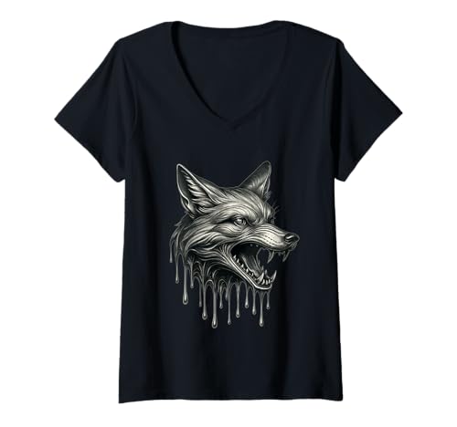 Damen Tropfendes Tattoo-Kunstwerk „Melting Fox“, Wilde Tiergrafik T-Shirt mit V-Ausschnitt von Melting Animals Urban Streetwear Clothing