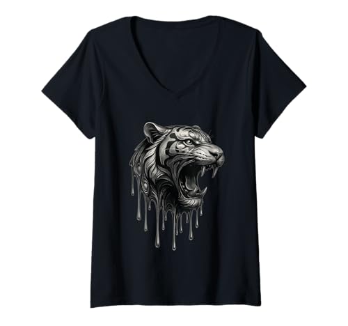 Damen Tropfendes Tattoo-Kunstwerk „Roaring Tiger“, Katzenmotiv, schmelzendes Tier T-Shirt mit V-Ausschnitt Damen Tropfendes Tattoo-Kunstwerk „Roaring Tiger“, Katzenmotiv, schmelzendes Tier T-Shirt mit V-Ausschnitt von Melting Animals Urban Streetwear Clothing