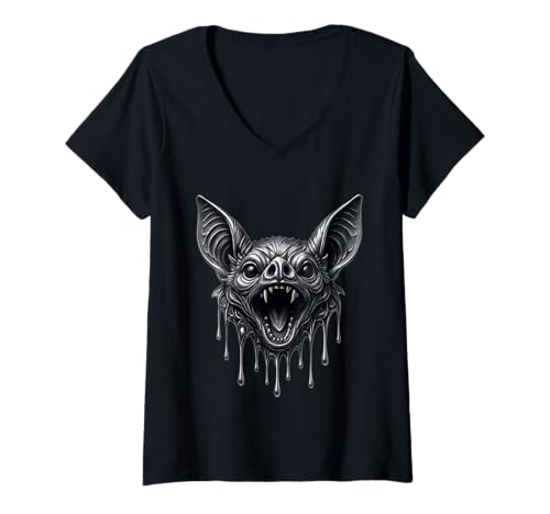 Damen Tropfendes Tattoo-Kunstwerk mit schmelzender Fledermaus, wildes Tiermotiv, gotische Kunst T-Shirt mit V-Ausschnitt Damen Tropfendes Tattoo-Kunstwerk mit schmelzender Fledermaus, wildes Tiermotiv, gotische Kunst T-Shirt mit V-Ausschnitt von Melting Animals Urban Streetwear Clothing