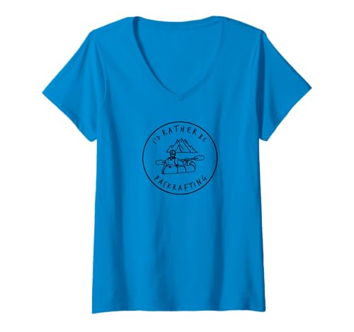 Damen I'd Rather Be Packrafting - Packraft T-Shirt - Schwarzes Logo T-Shirt mit V-Ausschnitt von Melusia Packrafts