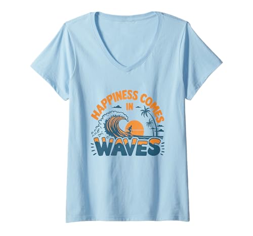 Damen Happiness Comes In Waves Inspirational Beach Vibes Surfer T-Shirt mit V-Ausschnitt Damen Happiness Comes In Waves Inspirational Beach Vibes Surfer T-Shirt mit V-Ausschnitt von Melvin Apparel Co.