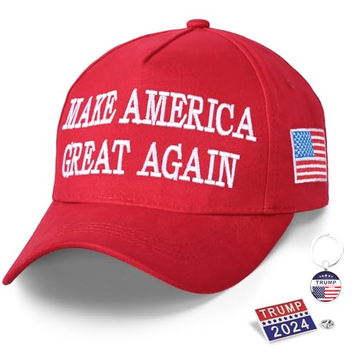 Melwod 2024 Trump Hat, 45-47 MAGA Hat mit Trump Pin und Trump Schlüsselanhänger, Make America Great Again Hat, Donald Trump Slogan, Rot/Ausflug, einfarbig (Getaway Solids), M/L von Melwod