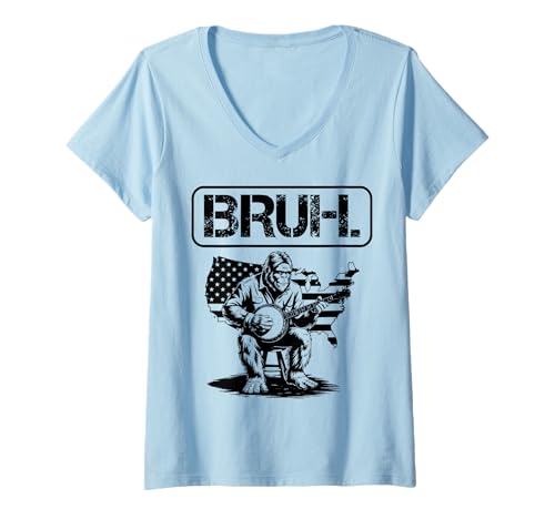 Damen Bigfoot Sasquatch spielt Banjo, Bruh Meme T-Shirt mit V-Ausschnitt von Meme Bruh