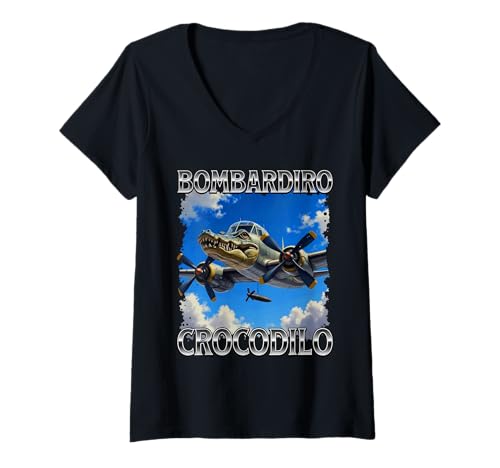 Damen Italienisches Brainrot Bombardino Crocodilo T-Shirt mit V-Ausschnitt Damen Italienisches Brainrot Bombardino Crocodilo T-Shirt mit V-Ausschnitt von Meme Italian Brainrot