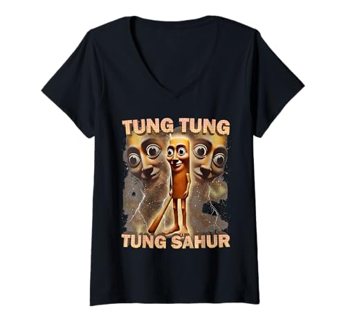 Damen Tung Tung Tung Sahur T-Shirt mit V-Ausschnitt Damen Tung Tung Tung Sahur T-Shirt mit V-Ausschnitt von Meme Italian Brainrot