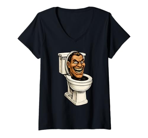 Damen Gruseliger realistischer Kopf in der Toilette, lustige Illustration T-Shirt mit V-Ausschnitt von Meme Mania Wear