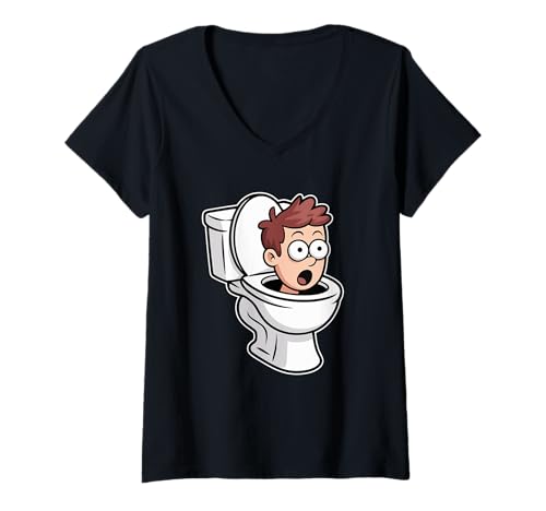Damen Lustiger Cartoon-Kopf, der aus der Toilette springt T-Shirt mit V-Ausschnitt von Meme Mania Wear
