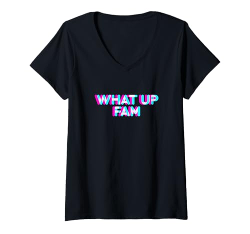 Damen What Up Fam Meme Anaglyph-Text Retro Vaporwave Style Slang T-Shirt mit V-Ausschnitt Damen What Up Fam Meme Anaglyph-Text Retro Vaporwave Style Slang T-Shirt mit V-Ausschnitt von Meme Meme Meme Apparel