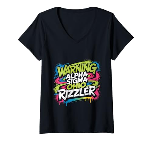 Damen Warning Alpha Sigma Ohio Rizzler Meme Witze Wortspiele T-Shirt mit V-Ausschnitt Damen Warning Alpha Sigma Ohio Rizzler Meme Witze Wortspiele T-Shirt mit V-Ausschnitt von Meme Slang Vibes