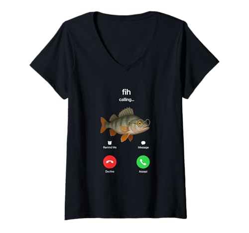 Damen Fih Calling Remind me Message Decline Accept Phone Call Fish T-Shirt mit V-Ausschnitt Damen Fih Calling Remind me Message Decline Accept Phone Call Fish T-Shirt mit V-Ausschnitt von Meme Style Fish Phone Call Design