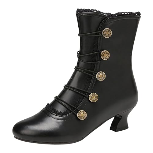 Memmyly Stiefeletten Damen Schwarz Elegant Mittelalter Stiefel Kleiner Absatz Western Ankle Boots Lässig Vintage Halbstiefel Motorrad Stiefel Halbhohe Boots Boots Mit Trichterabsatz von Memmyly