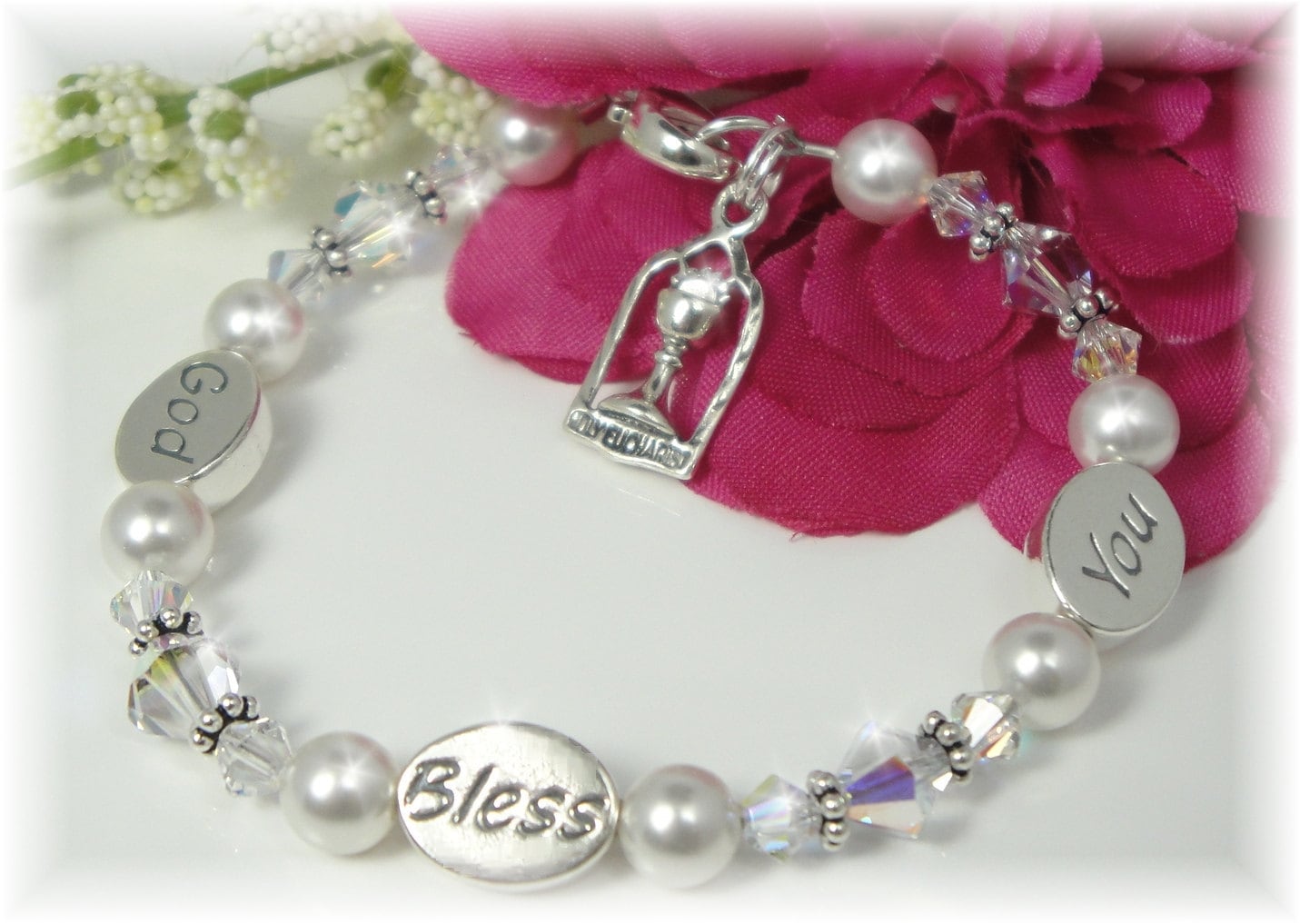 Erstkommunion Armband Sterling Silber, Kristallperlen, "God Bless You" von MemorableMomentsInc