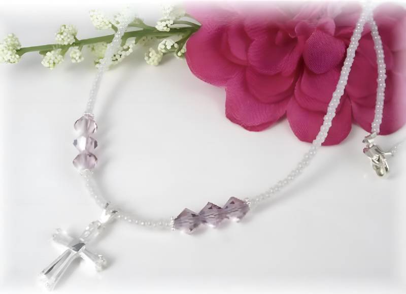 Erstkommunion Birthstone Halskette Seed Bead Sterling Cz Kreuz Blumenmädchen von MemorableMomentsInc