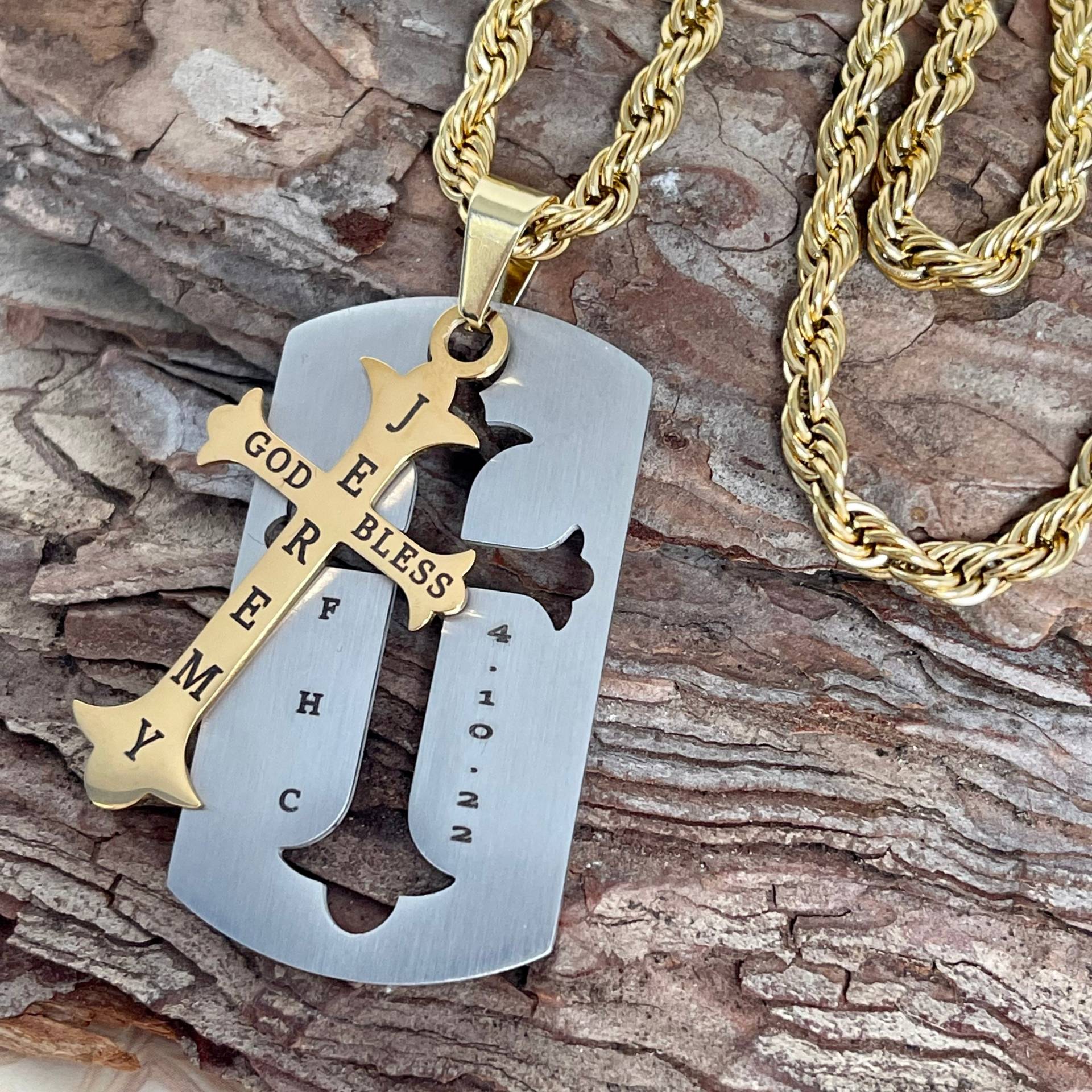 Jungen Erstkommunion Kreuz Gravierte Cutout Dogtag Gold Halskette God Bless von MemorableMomentsInc