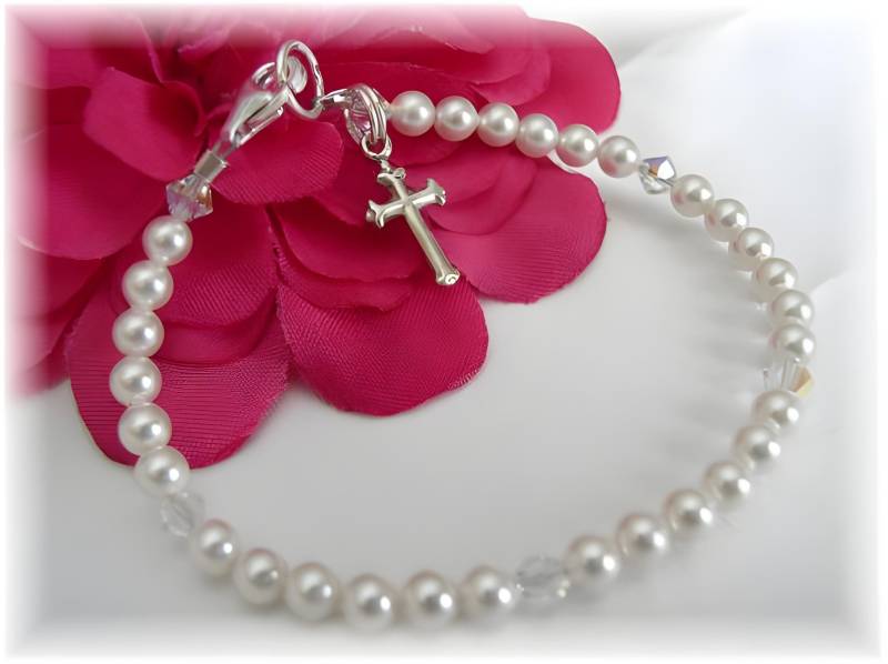 Süßwasser Perle Erste Kommunion Armband Sterling Silber Kreuz von MemorableMomentsInc