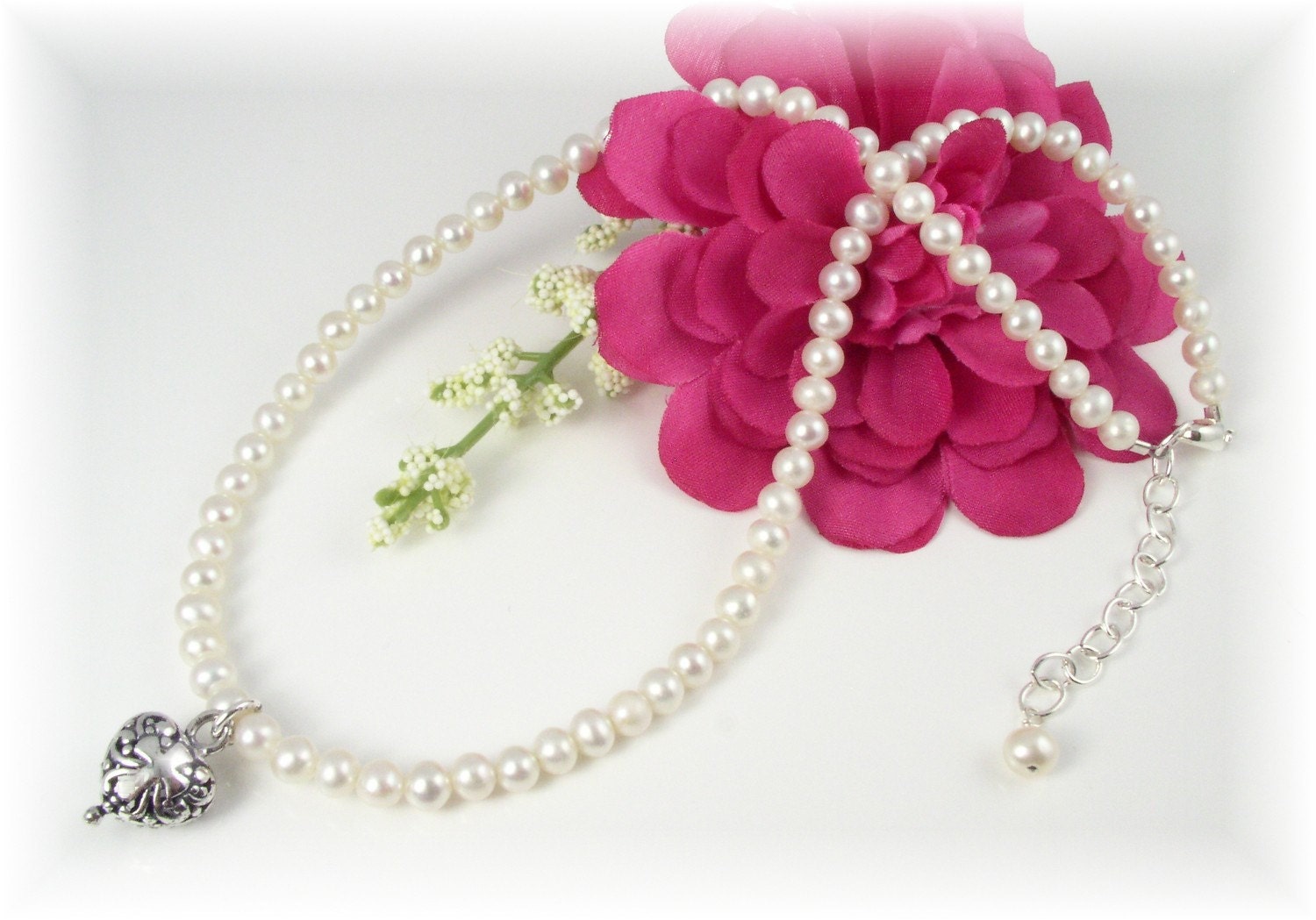 Süßwasserperle Erste Kommunion Halskette Verziertes Sterling Silber Herz Kreuz von MemorableMomentsInc