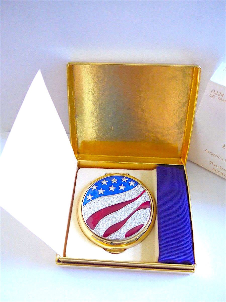 Schwer Zu Finden Estee Lauder Amerika Die Schöne Puderdose Neu in Box 1994 Rot Blau Emaille Und Klare Strasssteine von MemoriesofMartha