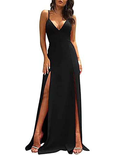 Damen Maxi-Kleid mit seitlichem Schlitz, V-Ausschnitt, ärmellos, figurbetont, Clubwear, Schwarz A, Groß Damen Maxi-Kleid mit seitlichem Schlitz, V-Ausschnitt, ärmellos, figurbetont, Clubwear, Schwarz A, Groß von Memorose