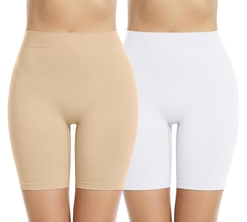 Memoryee 2 Pack Radlerhose Damen Boxershorts Unter Kleid Rock Anti Scheuern Unterhosen Kurze Leggings Panties für Unterwäsche und Yoga/Beige/White-2Pack/4XL von Memoryee