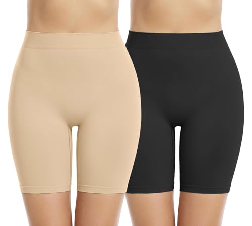 Memoryee 2 Pack Radlerhose Damen Boxershorts Unter Kleid Rock Anti Scheuern Unterhosen Kurze Leggings Panties für Unterwäsche und Yoga/Black/Beige-2Pack/4XL von Memoryee