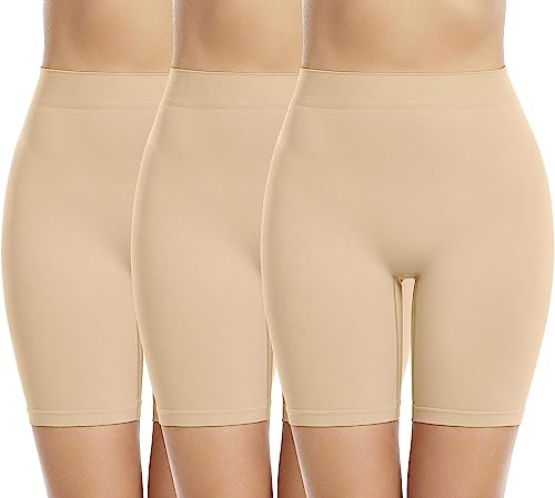 Memoryee 3 Pack Radlerhose Damen Boxershorts Unter Kleid Rock Anti Scheuern Unterhosen Kurze Leggings Panties für Unterwäsche und Yoga/Beige-3Pack/3XL von Memoryee