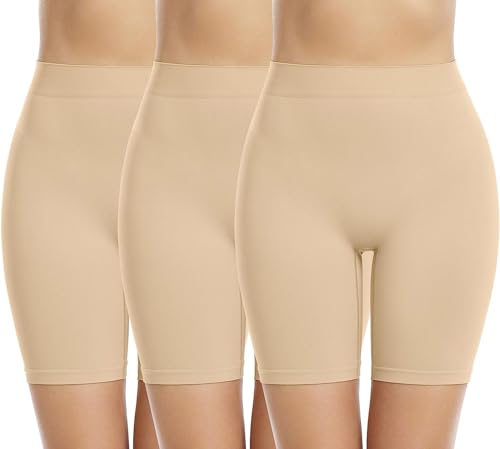 Memoryee 3 Pack Radlerhose Damen Boxershorts Unter Kleid Rock Anti Scheuern Unterhosen Kurze Leggings Panties für Unterwäsche und Yoga/Beige-3Pack/L von Memoryee