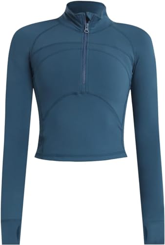 Memoryee Basic Langarmshirt Damen Sport Laufen Yoga Gym Zipper Crop Top Leicht Fitness Pullover Oberteil mit Halbem Reißverschluss und Daumenloch Blau L von Memoryee