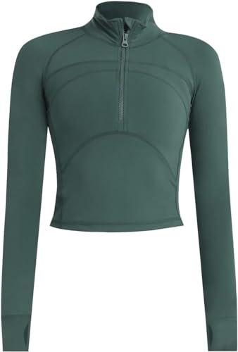 Memoryee Basic Langarmshirt Damen Sport Laufen Yoga Gym Zipper Crop Top Leicht Fitness Pullover Oberteil mit Halbem Reißverschluss und Daumenloch Grün L von Memoryee