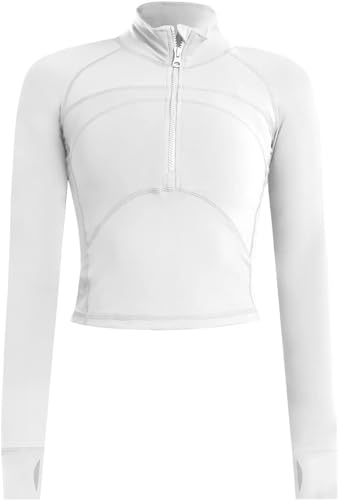 Memoryee Basic Langarmshirt Damen Sport Laufen Yoga Gym Zipper Crop Top Leicht Fitness Pullover Oberteil mit Halbem Reißverschluss und Daumenloch Weiß XS von Memoryee