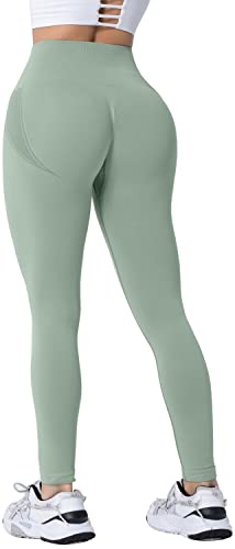 Memoryee Damen Gym Leggings Sport Scrunch Butt High Waist Push Up Boom Booty Workout Nahtlos Yoga Hosen/#2-PEA Green/XL von Memoryee