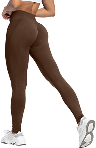 Memoryee Damen Gym Leggings Sport Scrunch Butt High Waist Push Up Boom Booty Workout Nahtlos Yoga Hosen/Light Brown/M von Memoryee
