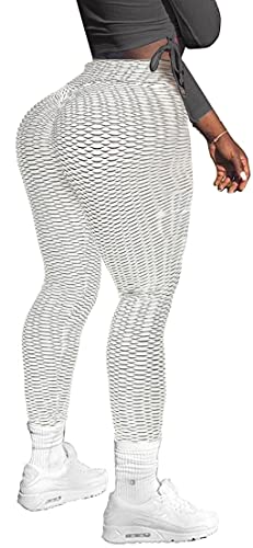 Memoryee Damen Honeycomb Leggings Geraffte Hintern Heben Hohe Taille Push Up Boom Booty Sport Leggings mit Bauchkontrolle Plus Größe Blickdichte Dehnbare Gym Yogahosen/#5 Milky White/M von Memoryee