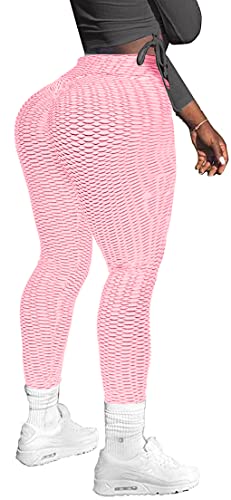 Memoryee Damen Honeycomb Leggings Geraffte Hintern Heben Hohe Taille Push Up Boom Booty Sport Leggings mit Bauchkontrolle Plus Größe Blickdichte Dehnbare Gym Yogahosen/#5 Pink/XL von Memoryee