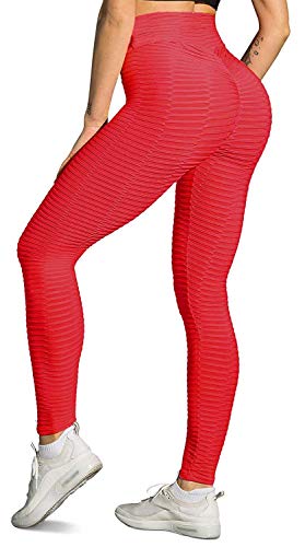 Memoryee Damen Honeycomb Leggings Geraffte Hintern Heben Hohe Taille Push Up Boom Booty Sport Leggings mit Bauchkontrolle Plus Größe Blickdichte Dehnbare Gym Yogahosen/Style1-Red/XL von Memoryee
