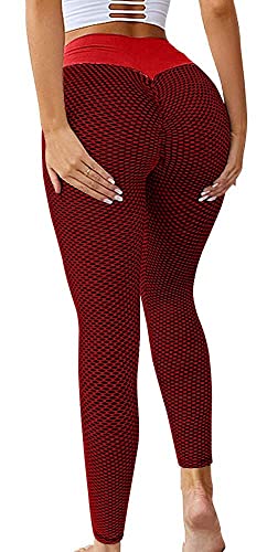 Memoryee Damen Honeycomb Leggings Geraffte Hintern Heben Hohe Taille Push Up Boom Booty Sport Leggings mit Bauchkontrolle Plus Größe Blickdichte Dehnbare Gym Yogahosen/Style2-Wine Red/S von Memoryee