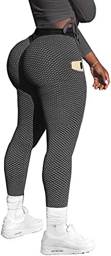 Memoryee Damen Honeycomb Leggings mit Taschen Slim Fit Hohe Taille Sporthose Lange Workout Kontrolle Gym Yogahosen/#2 Black/S von Memoryee