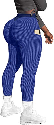 Memoryee Damen Honeycomb Leggings mit Taschen Slim Fit Hohe Taille Sporthose Lange Workout Kontrolle Gym Yogahosen/#2 Blue/L von Memoryee