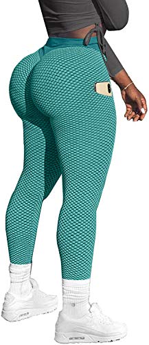 Memoryee Damen Honeycomb Leggings mit Taschen Slim Fit Hohe Taille Sporthose Lange Workout Kontrolle Gym Yogahosen/#2 Green/S von Memoryee