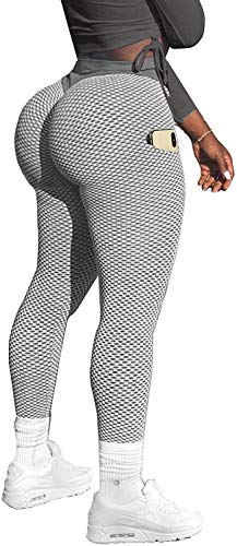 Memoryee Damen Honeycomb Leggings mit Taschen Slim Fit Hohe Taille Sporthose Lange Workout Kontrolle Gym Yogahosen/#2 Grey/M von Memoryee