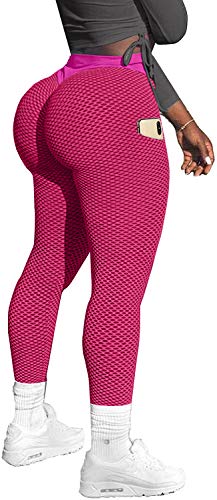 Memoryee Damen Honeycomb Leggings mit Taschen Slim Fit Hohe Taille Sporthose Lange Workout Kontrolle Gym Yogahosen/#2 Pink/M von Memoryee