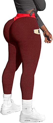 Memoryee Damen Honeycomb Leggings mit Taschen Slim Fit Hohe Taille Sporthose Lange Workout Kontrolle Gym Yogahosen/#2 Red/XL von Memoryee