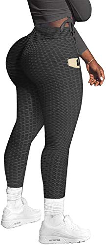 Memoryee Damen Honeycomb Leggings mit Taschen Slim Fit Hohe Taille Sporthose Lange Workout Kontrolle Gym Yogahosen/Black/L von Memoryee