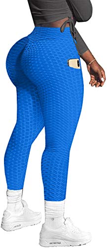 Memoryee Damen Honeycomb Leggings mit Taschen Slim Fit Hohe Taille Sporthose Lange Workout Kontrolle Gym Yogahosen/Blue/L von Memoryee