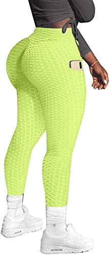 Memoryee Damen Honeycomb Leggings mit Taschen Slim Fit Hohe Taille Sporthose Lange Workout Kontrolle Gym Yogahosen/Fluorescent Yellow/L von Memoryee