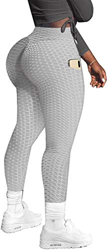 Memoryee Damen Honeycomb Leggings mit Taschen Slim Fit Hohe Taille Sporthose Lange Workout Kontrolle Gym Yogahosen/Grey/L von Memoryee