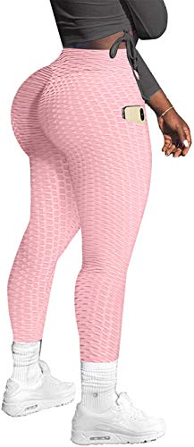 Memoryee Damen Honeycomb Leggings mit Taschen Slim Fit Hohe Taille Sporthose Lange Workout Kontrolle Gym Yogahosen/Leather Pink/L von Memoryee